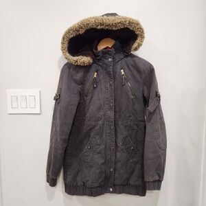 Vintage Billabong Jacket Mens Small Gray Faux Fur Hood Fleece Plaid Lined 90s